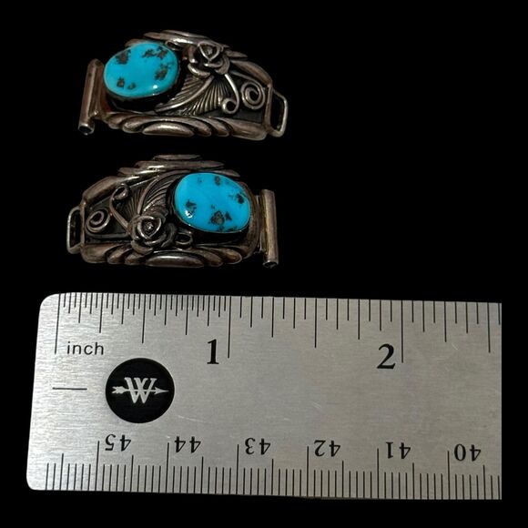 Vintage Native Signed Turquoise Sterling Watch Tips - Picture 5 of 5
